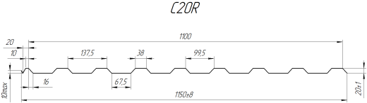 Профнастил С20R 1150/1100x0,3 мм, 3009 оксид красный глянцевый